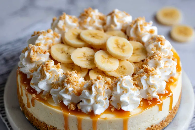 Overhead flat lay of banoffee cheesecake ingredients arranged on white marble: blocks of cream cheese, fresh bananas, jar of golden caramel sauce, bowl of graham cracker crumbs, measuring cups with sugar and butter, vanilla extract, and a carton of heavy cream