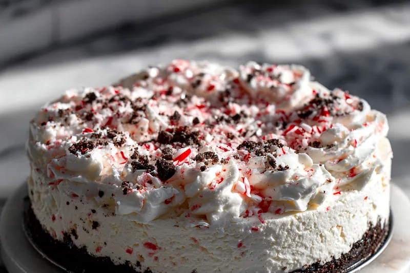 Step-by-step photos showing the cheesecake assembly process: crushing Oreos in a food processor, pressing the crust into a springform pan, beating cream cheese until fluffy, folding whipped cream into the filling, and spreading the mixture over the crust