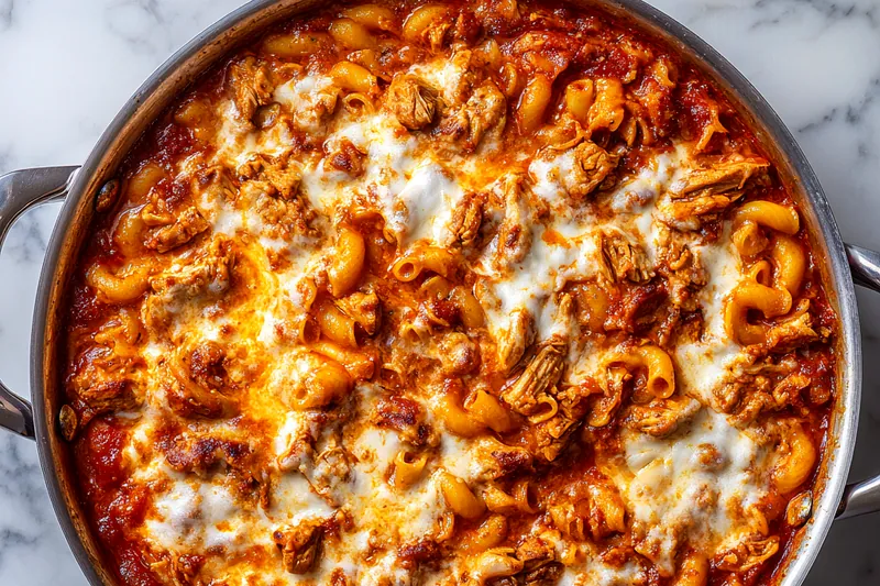Close-up action shot of wooden spoon stirring bubbling reddish-brown BBQ sauce mixture in stainless steel skillet on stovetop, with shredded chicken visible being folded into the sauce, steam rising, and golden elbow pasta waiting in colander in the background