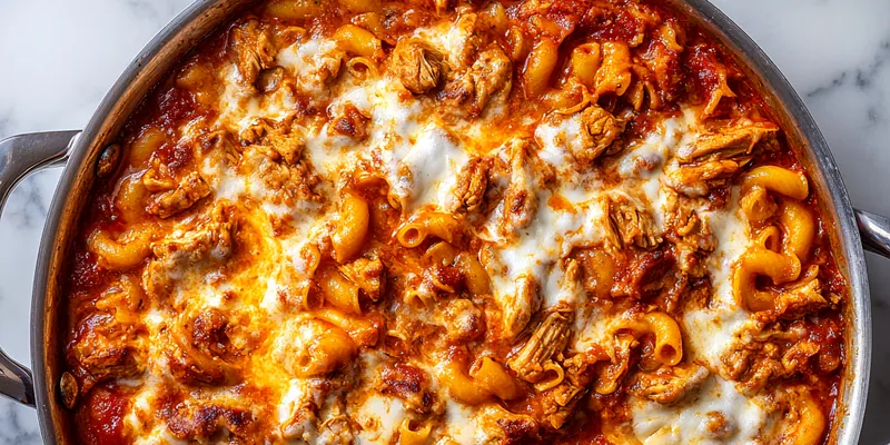 Overhead view of golden BBQ chicken pasta bake in a large stainless steel skillet on marble countertop, showing bubbling melted mozzarella and cheddar cheese, tender pulled chicken pieces, and elbow pasta coated in rich reddish-brown BBQ sauce, with gray handles visible on either side