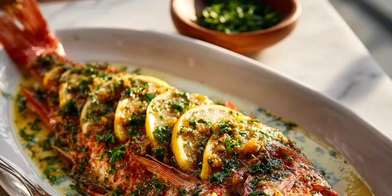 Whole roasted red snapper with golden crispy skin, topped with lemon slices and fresh parsley, presented on white platter