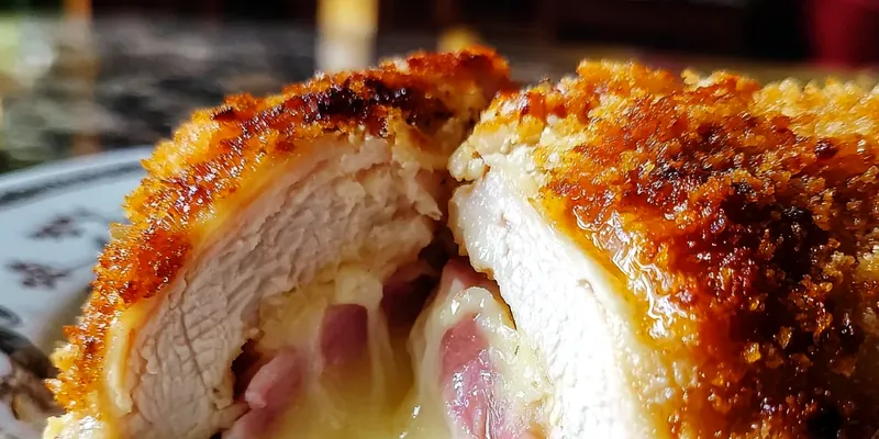 Golden-brown oven-baked chicken cordon bleu sliced to show melted Swiss cheese and ham filling, garnished with fresh thyme on a white plate