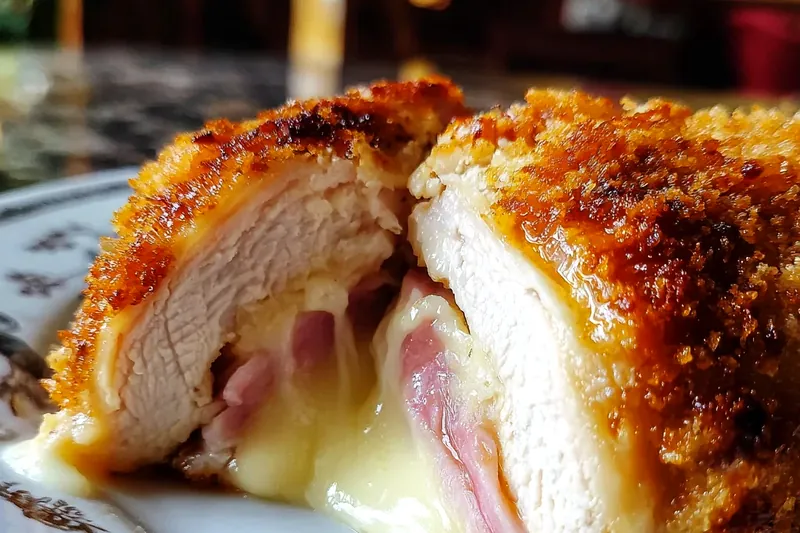 Ingredients for chicken cordon bleu arranged on marble counter: chicken breasts, ham slices, Swiss cheese, panko breadcrumbs, eggs, and seasonings