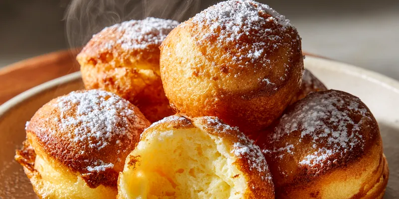 Golden-brown pancake poppers piled high in a white ceramic bowl, dusted with powdered sugar and featuring caramelized spots, photographed with warm natural lighting