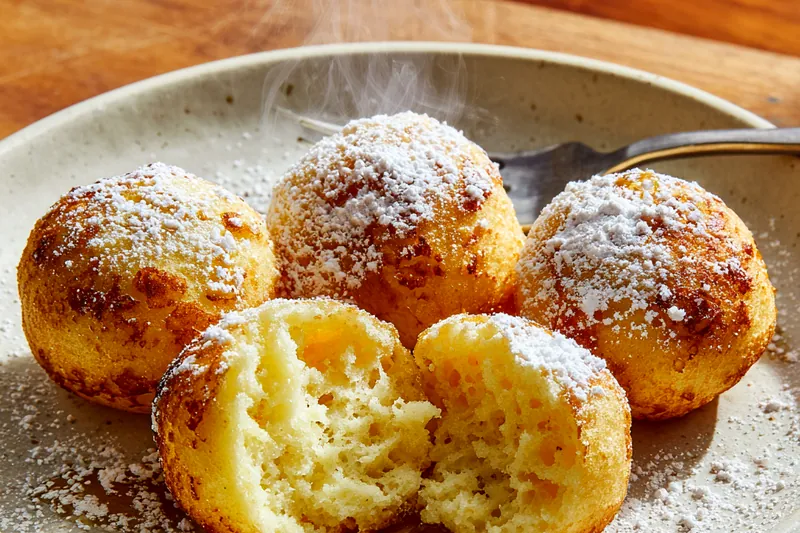 Overhead view of pancake popper ingredients arranged on white marble surface including bowls of flour, sugar, baking powder, salt, measuring cup of milk, beaten eggs, melted butter, and vanilla extract with a whisk