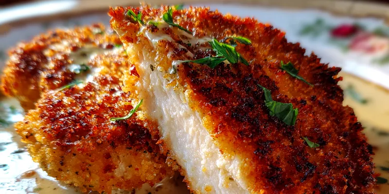 Plate of Parmesan crusted chicken with creamy garlic sauce