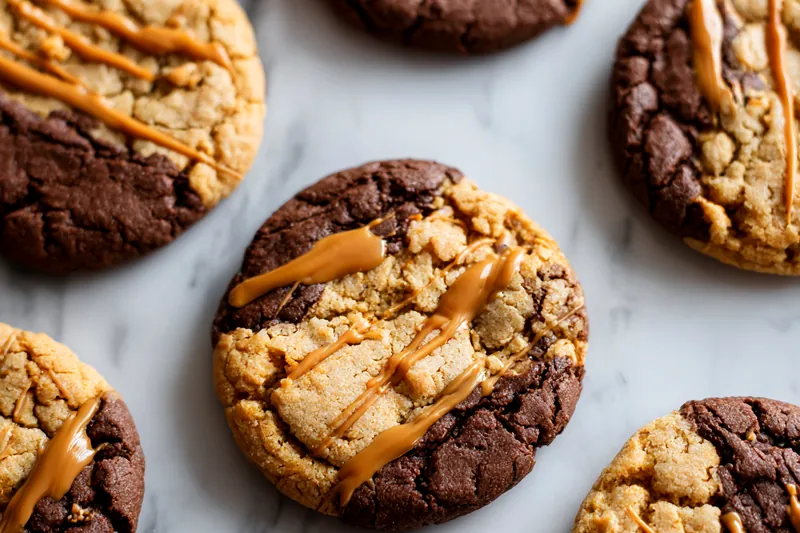 Ingredients for peanut butter chocolate caramel cookies arranged on a table