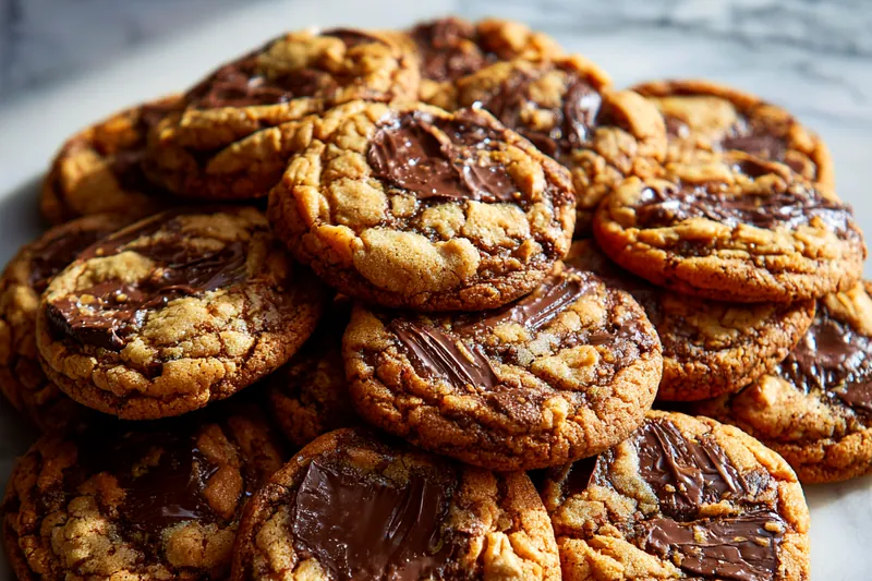 Baking peanut butter cup cookies in the oven, with golden edges and melted chocolate.