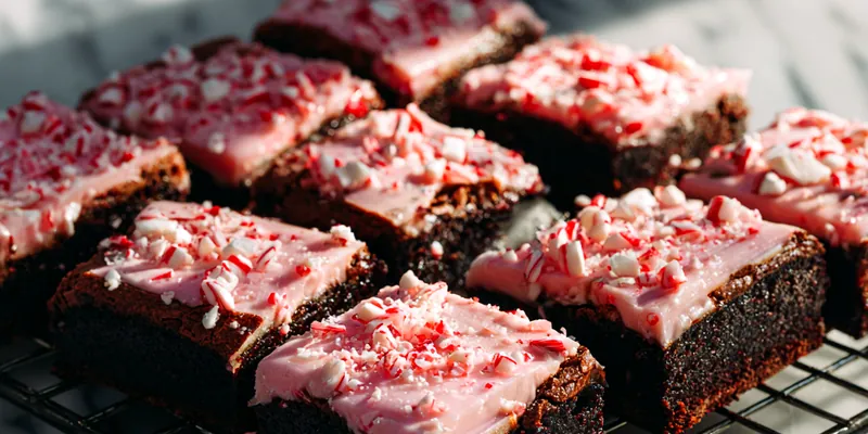 Square-cut fudgy chocolate brownies topped with glossy pink peppermint glaze and red and white candy cane pieces, arranged on a black wire cooling rack over white marble surface
