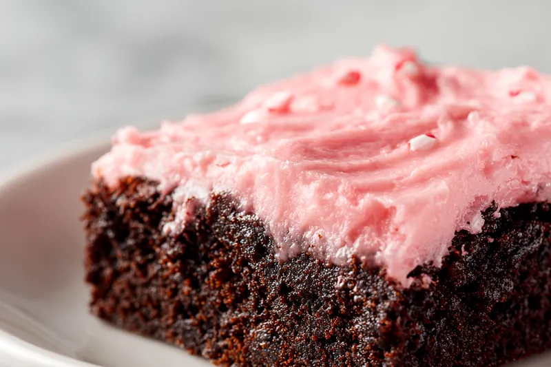 Overhead view of measured ingredients in glass bowls including melted butter, cocoa powder, flour, sugar, eggs, peppermint extract, and crushed candy canes arranged on white marble counter