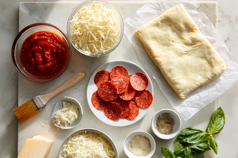 Close-up of pizza roll-ups being brushed with garlic butter before baking, showing the spiral layers and pepperoni toppings on a parchment-lined baking sheet