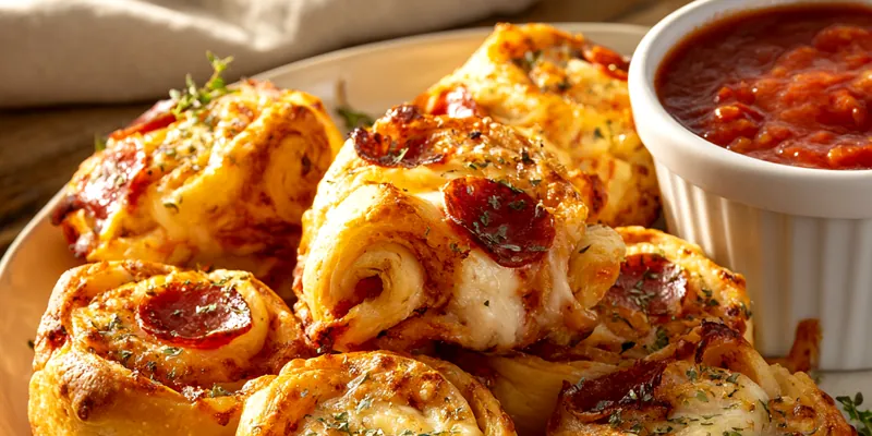 Golden-brown pepperoni pizza roll-ups on a white plate with melted cheese, crispy pepperoni toppings, and marinara dipping sauce