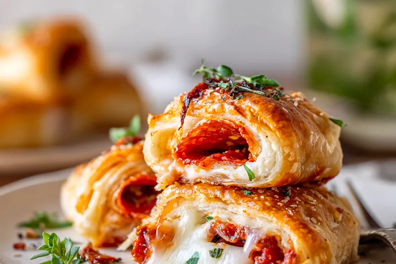 Flat lay of pizza roll-up ingredients including puff pastry sheet, marinara sauce, shredded mozzarella, pepperoni slices, melted butter, and Italian seasonings arranged on a marble surface