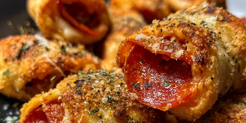 Golden brown pepperoni pizza rolls arranged on a white platter with marinara dipping sauce, showing the crispy puff pastry exterior and melted cheese filling