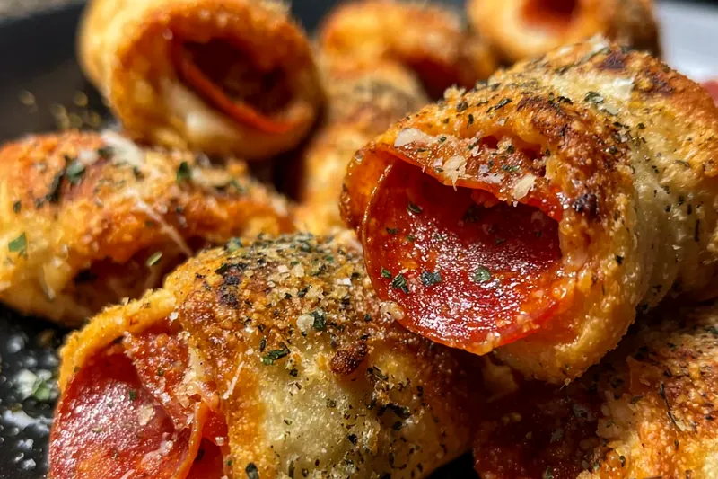 Ingredients for pepperoni pizza rolls laid out on a marble counter: puff pastry, pizza sauce, mozzarella cheese, diced pepperoni, and seasonings in small bowls