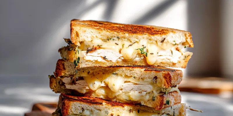 Golden grilled cheese sandwich cut in half on a cream-colored ceramic plate showing stretchy melted cheddar and gruyere cheese pulling apart with perfect grill marks on toasted sourdough bread on a marble countertop