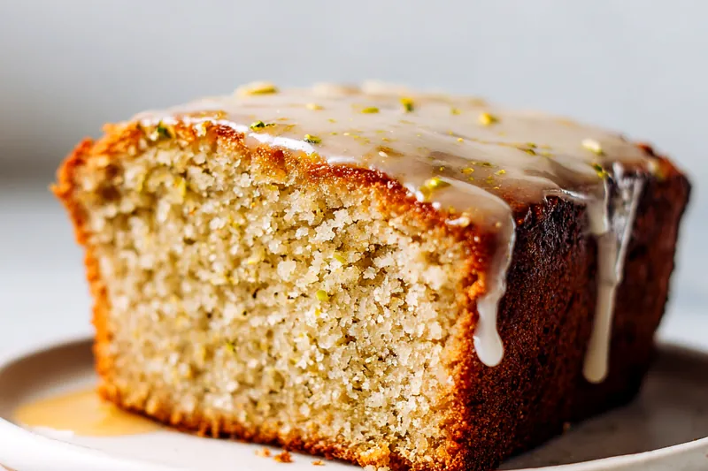 Side view of pistachio pound cake batter being poured into buttered loaf pan, showing thick, creamy consistency with visible green pistachio pieces throughout, with mixing bowl and spatula nearby