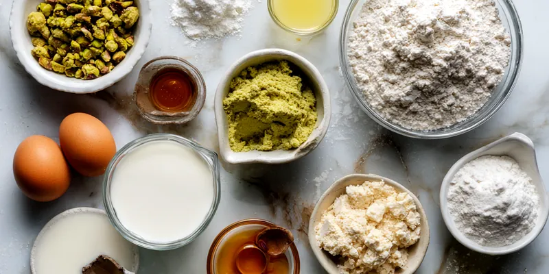 Golden pistachio pound cake with vanilla glaze drizzle and chopped pistachios on top, displayed on wooden cutting board with two slices showing moist interior studded with green pistachios
