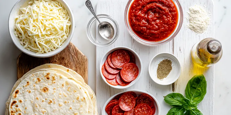 Stack of golden-brown pizza quesadillas on ceramic plate, topped with melted mozzarella and pepperoni, garnished with fresh herbs on marble surface