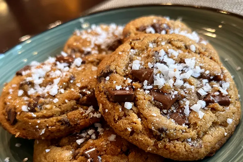 Neatly arranged baking ingredients including flour, sugars, butter, eggs, vanilla extract, almond extract, and both types of chocolate chips on a marble countertop