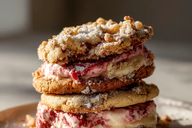 Step-by-step process showing hands spreading marbled raspberry cream cheese ice cream onto a golden sugar cookie, with more cookies and assembled sandwiches on a parchment-lined baking sheet in the background, everything dusted with coarse sugar sparkles