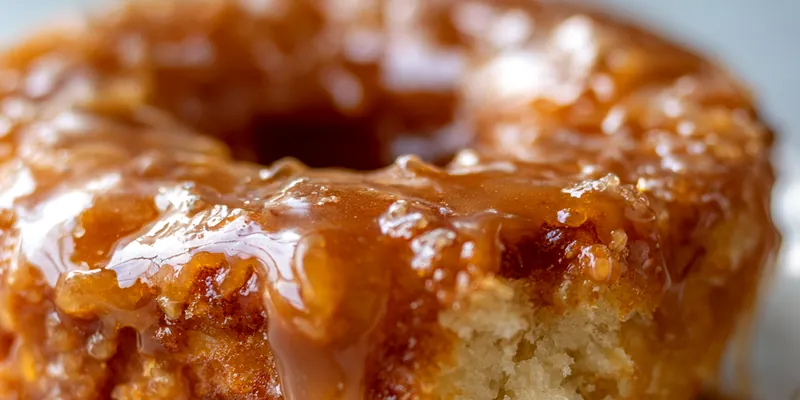 Overhead view of twelve golden baked donuts in a glass baking dish, generously drizzled with glossy salted caramel sauce and sprinkled with flaky sea salt, photographed on white marble