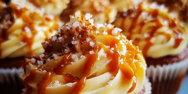 Twelve golden vanilla cupcakes topped with swirled caramel buttercream frosting, drizzled with glossy homemade caramel sauce and sprinkled with flaky sea salt, arranged on a marble serving platter