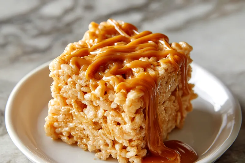 Action shot of golden melted marshmallow mixture being stirred in large pot with silicone spatula, steam rising, with bowl of puffed rice cereal waiting nearby on marble counter