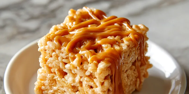 Thick square salted caramel rice krispie treat on white plate with golden caramel sauce drizzling down sides and pooling beneath, topped with flaky sea salt crystals, against marble background
