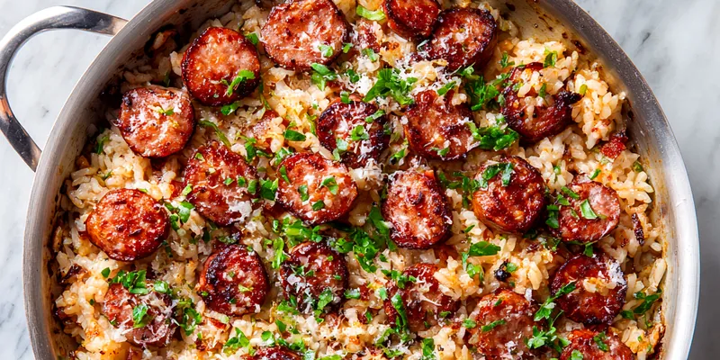 Finished dish of sausage and rice skillet with vibrant colors