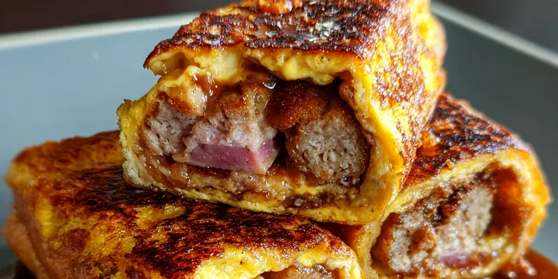 Golden brown sausage french toast roll-ups on a white plate, dusted with powdered sugar and drizzled with maple syrup, with fresh berries as garnish