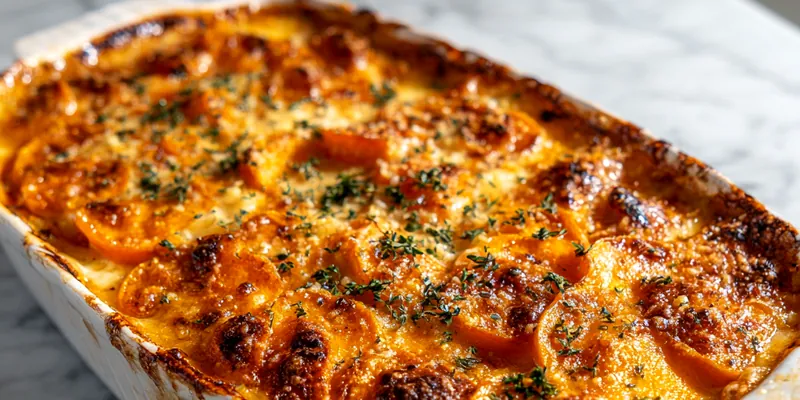 Delicious scalloped sweet potatoes gratin served in a baking dish