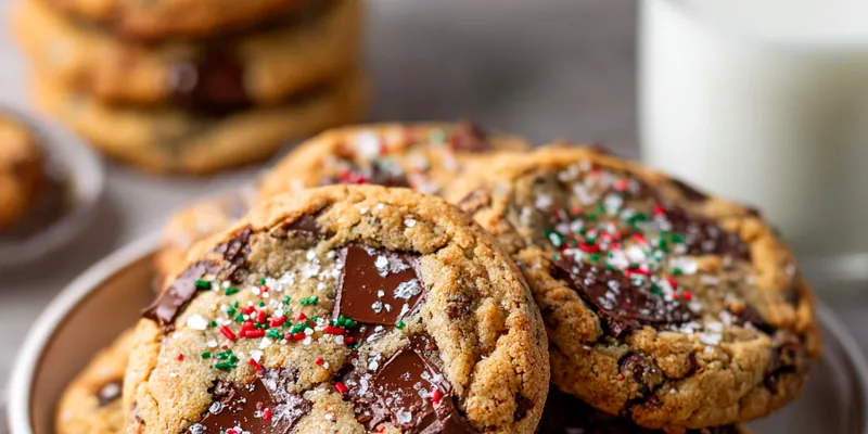 Stack of golden-brown chocolate chunk cookies topped with sea salt, served on a white plate beside a glass of milk.
