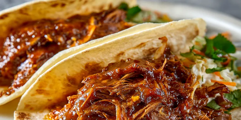 Close-up of tender BBQ pulled pork piled high on warm flour tortillas...