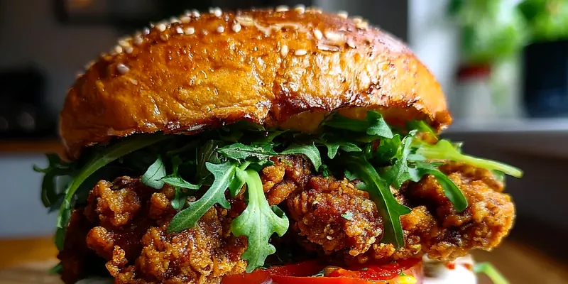 Golden crispy fried chicken sandwich with spicy Nashville hot sauce dripping down the sides, served on a toasted brioche bun with pickles and coleslaw, photographed on a rustic wooden board