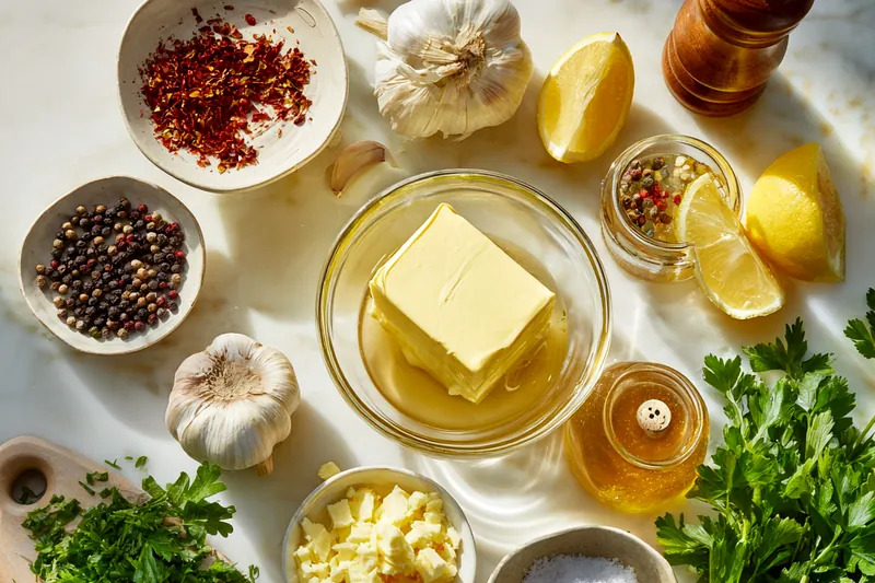 Close-up of melted butter in a stainless steel saucepan with minced garlic and red chili flakes being stirred with a wooden spoon, showing the golden color and aromatic ingredients coming together