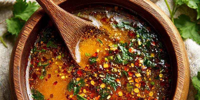 Golden spicy garlic butter sauce in a rustic wooden bowl, showing glossy texture with visible red chili flakes, black pepper, fresh herbs, and garlic pieces