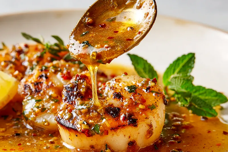 Overhead view of ingredients for spicy garlic butter sauce arranged on marble surface including stick of butter, fresh garlic cloves, red chili flakes in small bowl, black peppercorns, fresh parsley and cilantro bunches, sea salt, and lemon halves