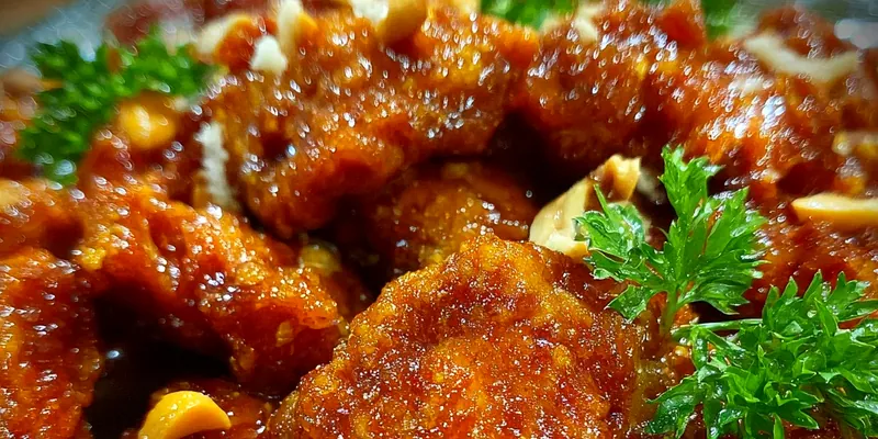 Golden brown shredded slow cooker peanut chicken in a white bowl, garnished with chopped green onions and crushed peanuts, with steam rising from the tender, sauce-coated meat