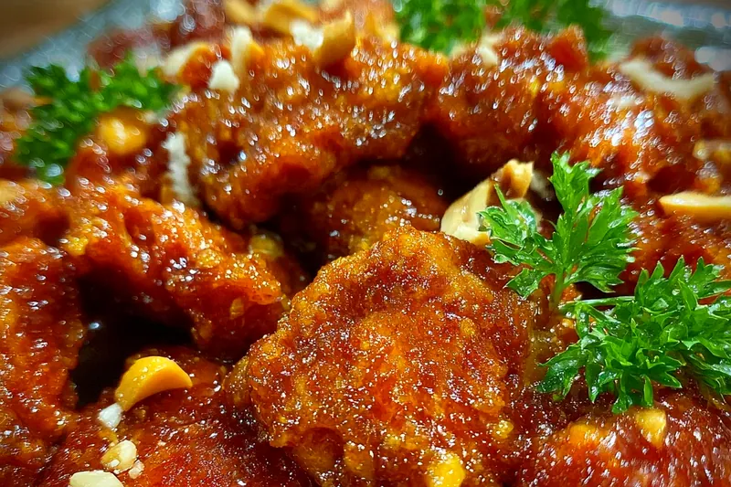Organized ingredients for slow cooker peanut chicken including chicken thighs, creamy peanut butter, soy sauce, honey, fresh ginger, and garlic arranged on a marble countertop