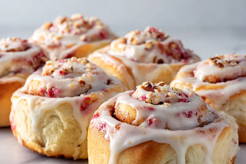 Baking strawberry cheesecake cinnamon rolls in the oven