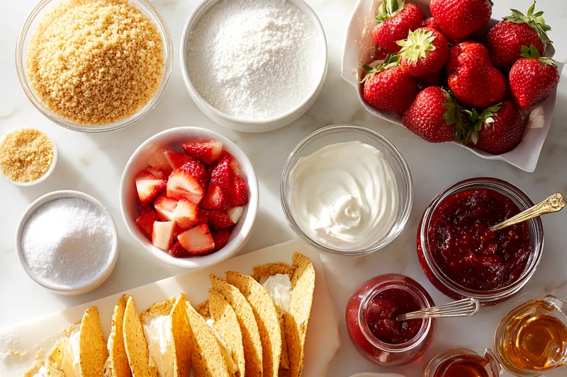 Step-by-step process showing hands piping cream cheese filling into graham cracker coated taco shells, adding strawberry sauce, and topping with whipped cream and fresh strawberries