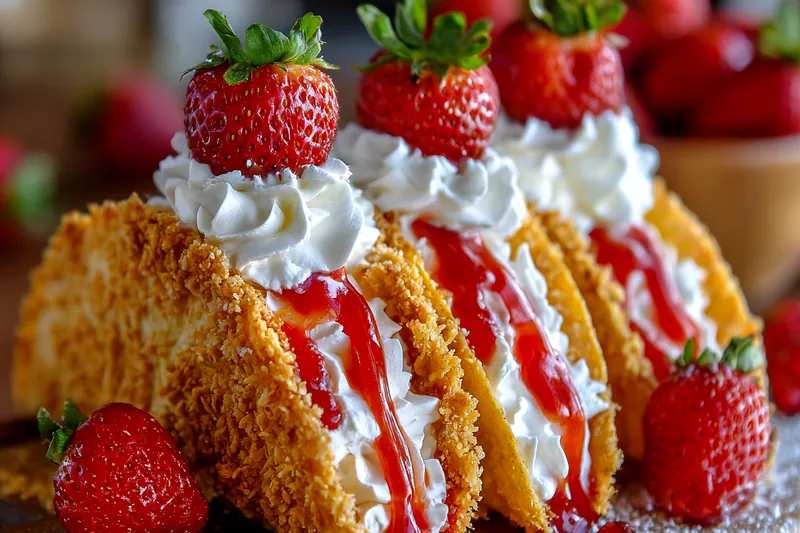 Overhead view of all ingredients for strawberry crunch cheesecake tacos arranged on white marble surface including graham cracker crumbs, cream cheese, strawberries, taco shells, butter, and whipping cream in glass bowls
