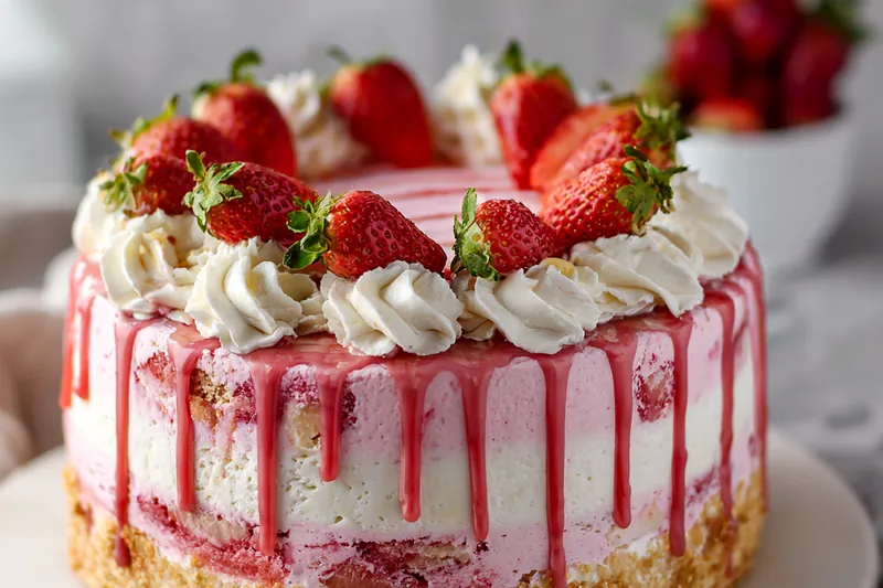 A freshly baked Strawberry Custard Delight Cake cooling on a wire rack.