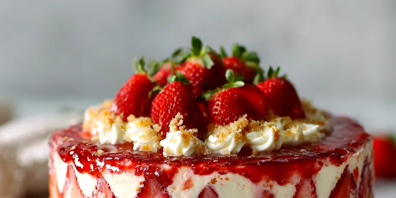 A beautifully decorated Strawberry Custard Delight Cake on a white plate.