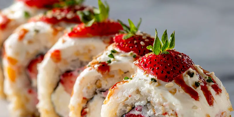 Colorful and delicious Strawberry Shortcake Cheesecake Sushi Rolls on a plate