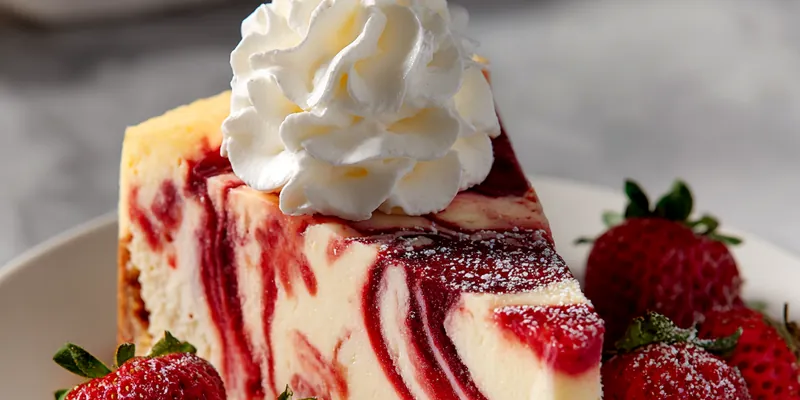 Slice of strawberry swirl cheesecake with dramatic red marbling, topped with whipped cream, surrounded by fresh strawberries on white plate