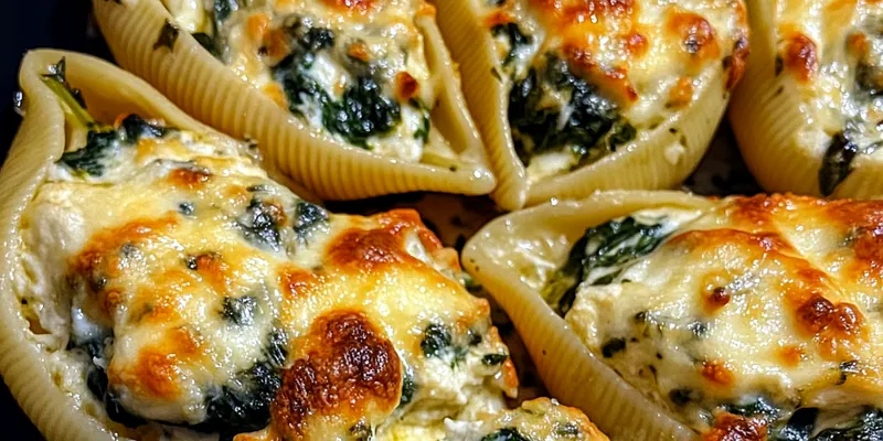 Baked jumbo pasta shells stuffed with creamy ricotta-spinach filling in white baking dish, covered in melted golden mozzarella and red marinara sauce, garnished with fresh basil