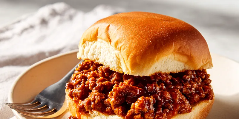 A close-up of a Sloppy Joe sandwich on a golden toasted bun, filled with seasoned ground beef in a glossy reddish-brown sauce, served on a white plate with warm rustic lighting