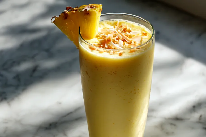 Overhead view of smoothie ingredients arranged on a white marble surface: fresh pineapple chunks, coconut milk in a glass measuring cup, frozen banana slices, Greek yogurt in a bowl, shredded coconut, honey in a small jar, and ice cubes